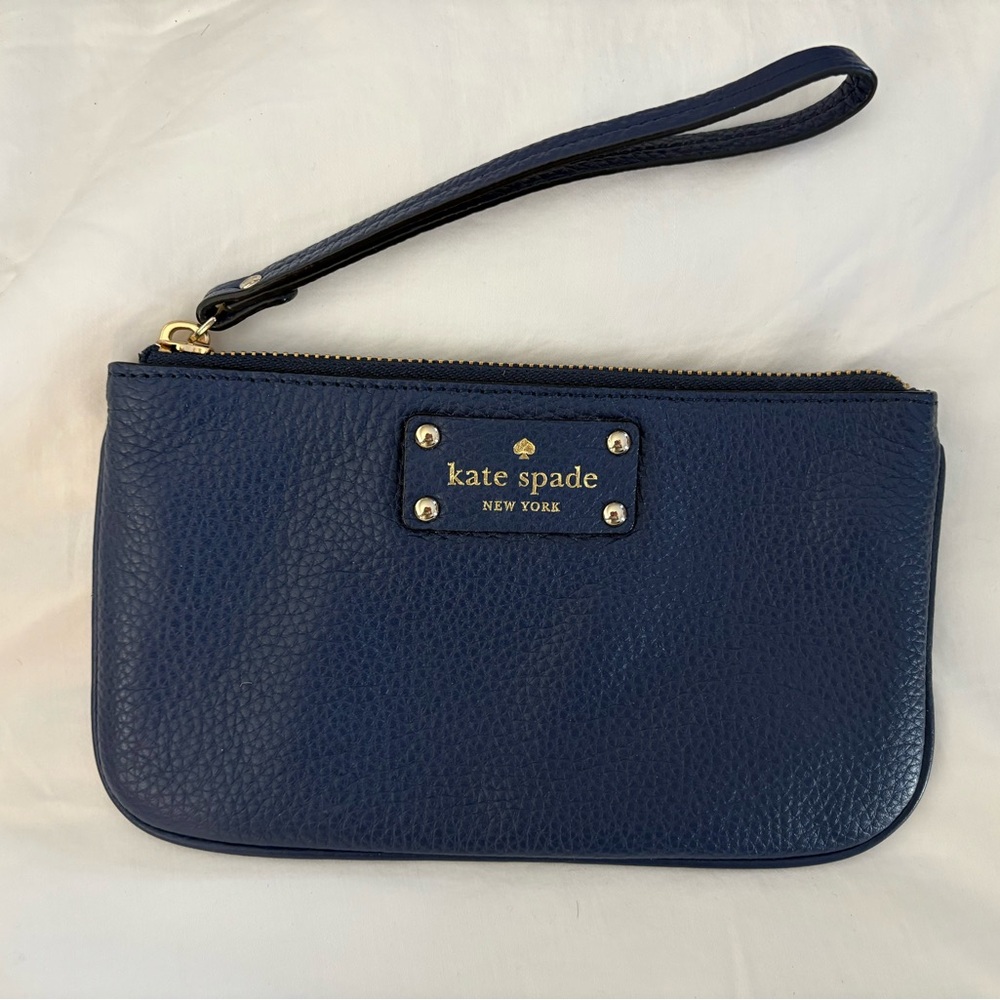 Kate Spade Navy Leather Wristlet with Gold Accents